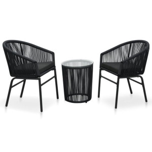 3-częściowy zestaw mebli bistro, poduszki, rattan PVC, czarny