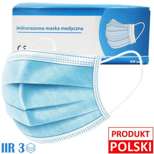 Polskie Maseczki Jednorazowe Medyczne Typ IIR, 3-Warstwowe - 50 szt