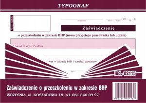 Druk 02115 Zaświadczenie O Przeszkoleniu Bhp Typ