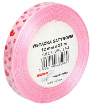 Wstążka Satynowa 12mm 22m Różowa W Serca Brewis