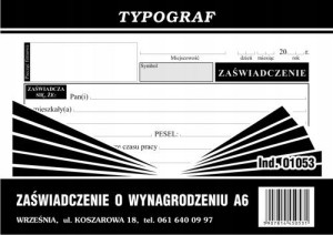 Druk 01053 Zaświadczenie O Wynagrodzeniu A6 Typog