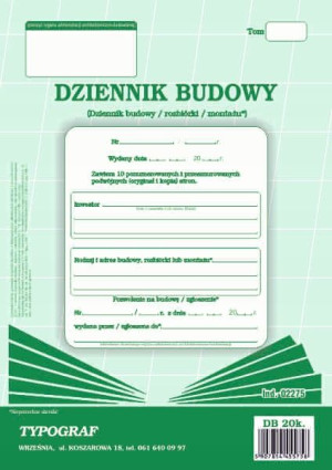 Druk 02275 Dziennik Budowy 20 Kartek Typograf