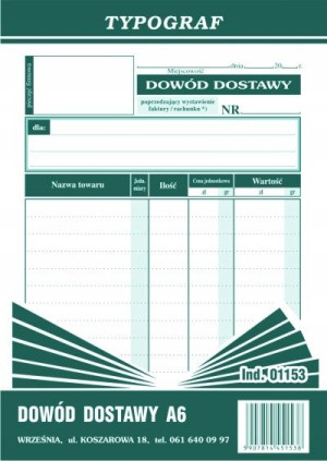 Druk 01153 Dowód Dostawy A6 Pionowy Typograf