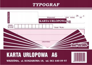 Druk 02305 Karta Urlopowa A6 Typograf