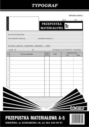 Druk 01185 Przepustka Materiałowa A5 Typograf