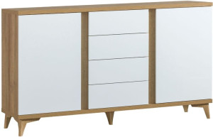 Komoda OSLO O6 150 cm Duża 3 Szuflady 2 Szafki Biały Połysk Dąb