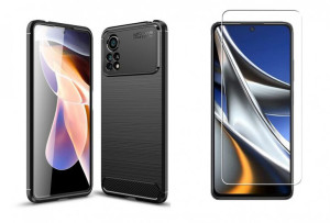 Elastyczne Etui Carbon Case Czarny + Szkło Hartowane do Xiaomi Poco X4 Pro