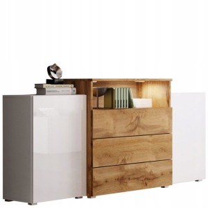 Kredens z szufladami, sideboard 150cm dąb wotan, biały połysk