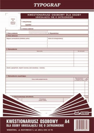 Druk 02032 Kwestionariusz Dla Osób Do Zatrudnienia