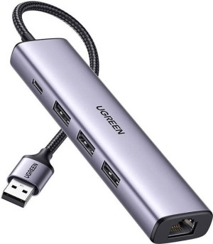 Adapter UGREEN 5w1 USB-A do 3x USB 3.0 + RJ45 + USB-C (srebrny)