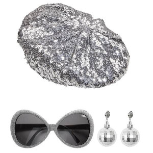 Zestaw Disco 3 El. Srebrny Beret Okulary Kolczyki