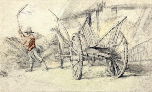 A Man Threshing Beside a Wagon, Farm Buildings Beh