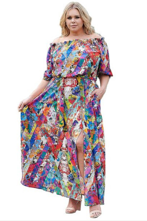 Sukienka ASTRA kolorowe asymetryczne kwiaty 56 PLUS SIZE