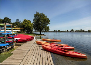 Bright-red canoes at Lake Monona in Madison, Wisco