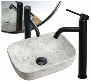 Umywalka Nablatowa Camelia Stone + Czarna Bateria