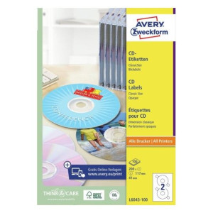 Etykiety na płyty CD Avery 100xA4 śr.117mm białe