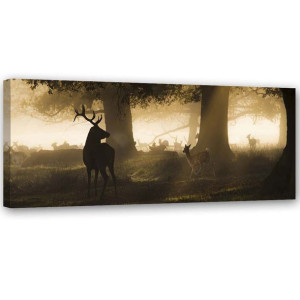 OBRAZ NA PŁÓTNIE Jeleń w Lesie Mgła brąz 120x40