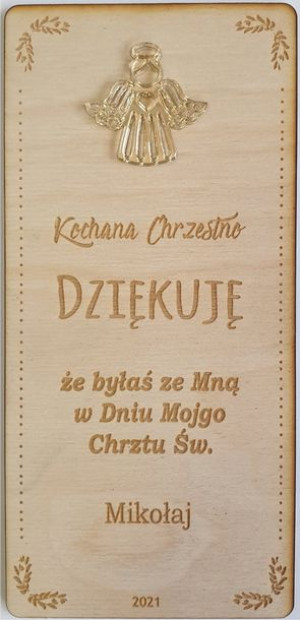 Podziękowanie chrzestni chrzest koperta DL drewno