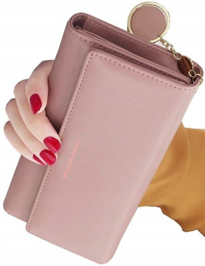 Skórzany Duży Portfel Damski Pink Brelok Pojemny