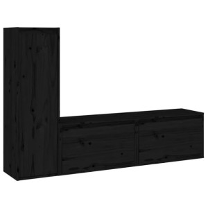 Szafki pod TV, 3 szt., czarne, lite drewno sosnowe