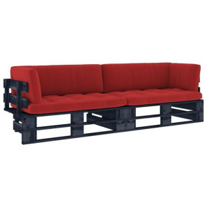 Sofa 2-osobowa z palet, z poduszkami, czarna, drew