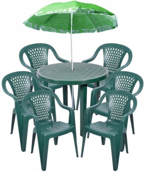 Zestaw Plastikowy 6+1 Krzesła Stół Parasol Zielony
