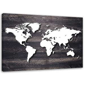 OBRAZ NA PŁÓTNIE Mapa Drewno Szary Biuro 90x60