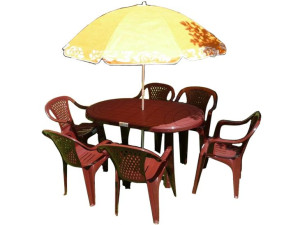 Zestaw Meble Ogród 6+1 Stół Krzesła Parasol Bordo