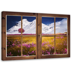 OBRAZ NA PŁÓTNIE Okno Kwiaty Góra Natura 120x80