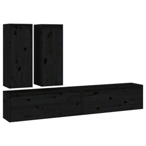 Szafki pod TV, 4 szt., czarne, lite drewno sosnowe