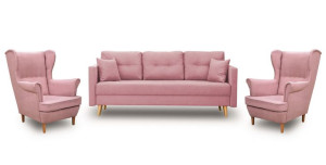 Zestaw Wypoczynkowy Do Salonu Skandynawski Sofa 2 Fotele Uszak Pudrowy Róż