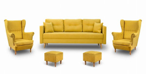Zestaw Wypoczynkowy Skandynawski Sofa + 2x Fotel + 2x Podnóżek Musztardowy