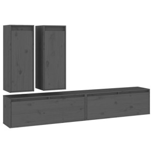 Szafki pod TV, 4 szt., szare, lite drewno sosnowe