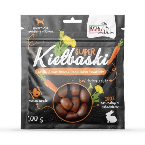 SYTA MICHA Kiełbaski królik z marchewką i mniszkiem lekarskim 100g