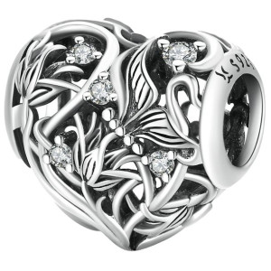 Charms ażurowe SERDUSZKO z kwiatkami zawieszka koralik beads srebro pr 925