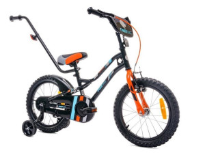 Rowerek dla chłopca 16 cali Tiger Bike z pchaczem czarno pomarańczow turkus