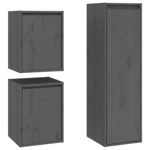 Szafki pod TV, 3 szt., szare, lite drewno sosnowe