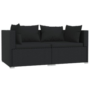 2-osobowa sofa z poduszkami, czarna, polirattan