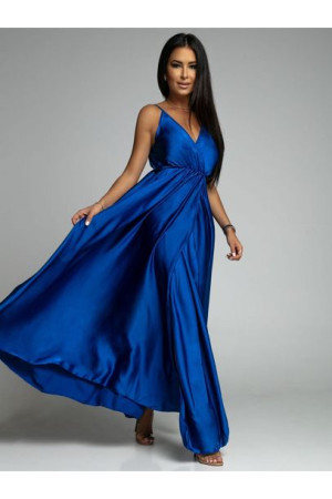 Maxi sukienka satynowa chabrowa z rozcięciem elegancka