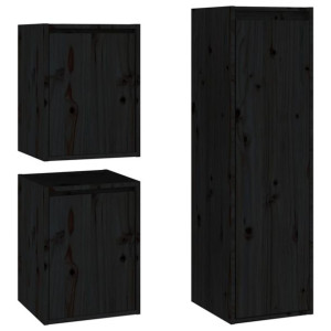 Szafki pod TV, 3 szt., czarne, lite drewno sosnowe