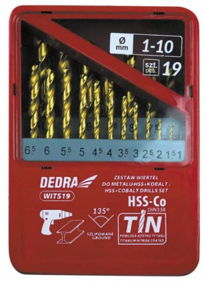 Zestaw 19szt wierteł do metalu kobaltowych DEDRA