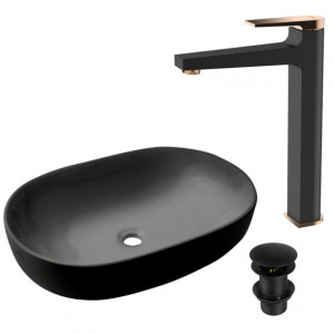 Umywalka ceramiczna Teja Black + bateria Midnight wysoka
