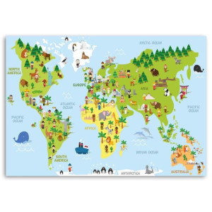 OBRAZ DO POKOJU DZIECKA Mapa Zwierzęta 60x40