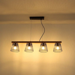 Czarna lampa industrialna Baschi drewniana belka wisząca nad wyspę