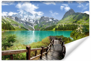 Fototapeta JEZIORO w Górach Las Drzewa Pomost Niebo Pejzaż 3D 135x90cm