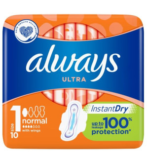 Always, Ultra Normal, Size 1, Podpaski ze skrzydełkami, 10 sztuk (HIT)