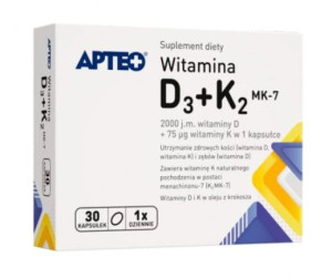 Apteo Witamina D3+K2 MK-7, 30 kapsułek - Długi termin ważności!