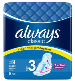 Always, Classic Night, Podpaski ze skrzydełkami, 8 sztuk (HIT)