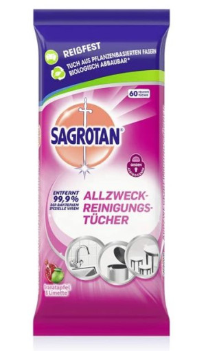 (DE) Sagrotan, Wielofunkcyjne chusteczki czyszczące, limonka i granat,  60
