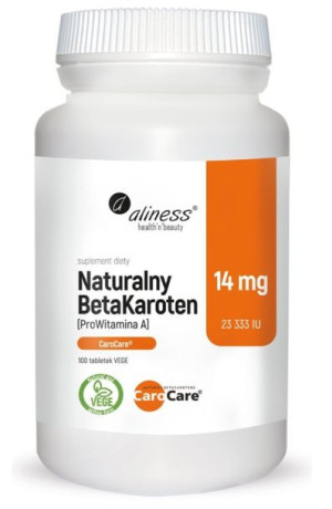 Aliness, Naturalny Beta Karoten 14mg, 100 tabletek - Długi termin ważności!
